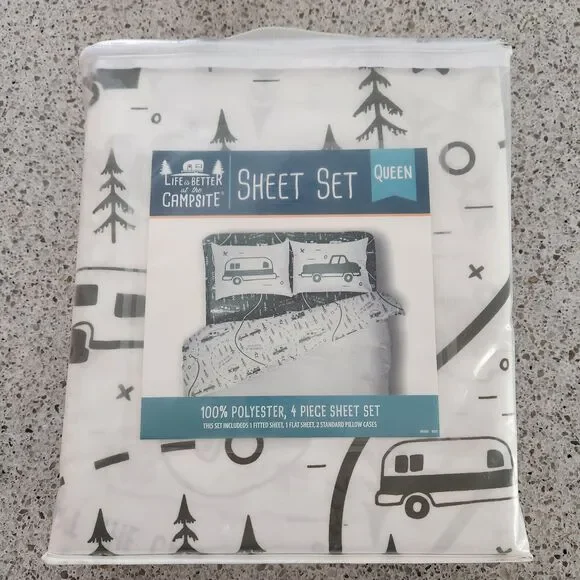 Sheet Set Camco RV Bed Short Queen Size Sheets 'Life is Better at The Campsite" - Picture 1 of 4